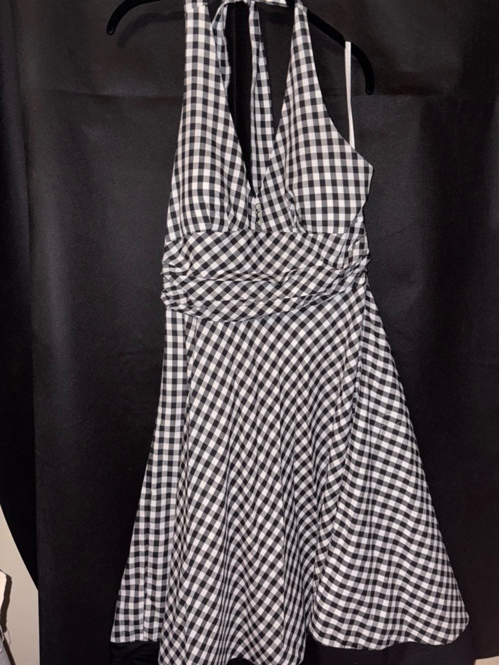 Halter V-Neck Fit & Flare Knee Dress by Robbie Bee Black/White Gingham 12